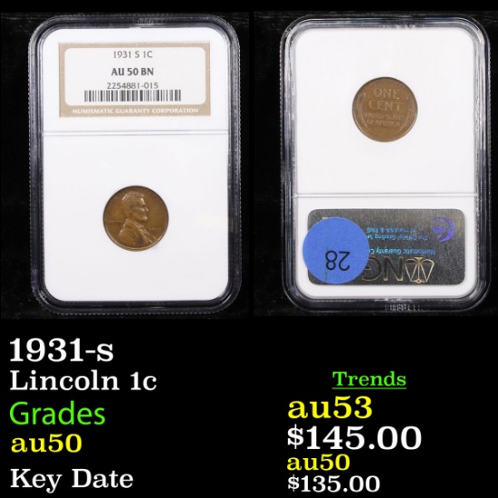 NGC 1931-s Lincoln Cent 1c Graded au50 By NGC