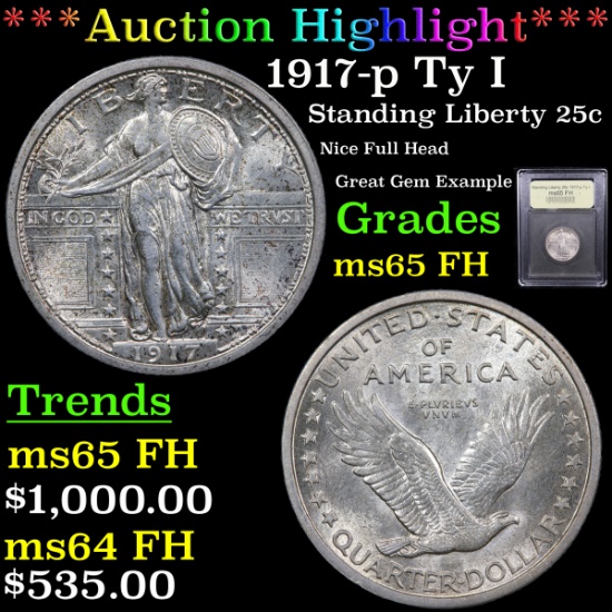 ***Auction Highlight*** 1917-p Ty I Standing Liberty Quarter 25c Graded GEM FH By USCG (fc)