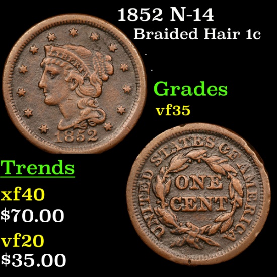 1852 N-14 Braided Hair Large Cent 1c Grades vf++