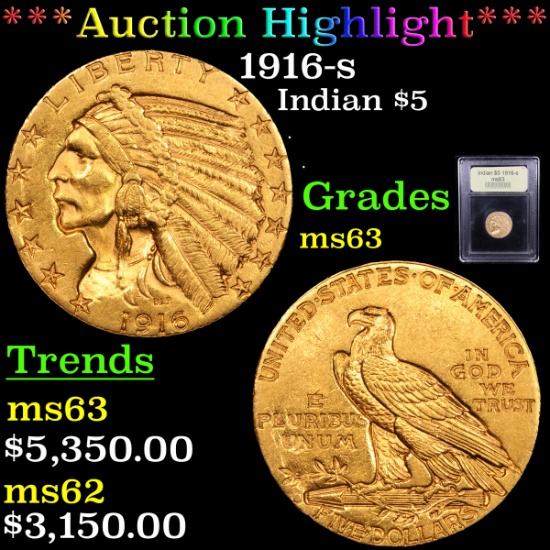 ***Auction Highlight*** 1916-s Gold Indian Half Eagle $5 Graded Select Unc BY uSCG (fc)