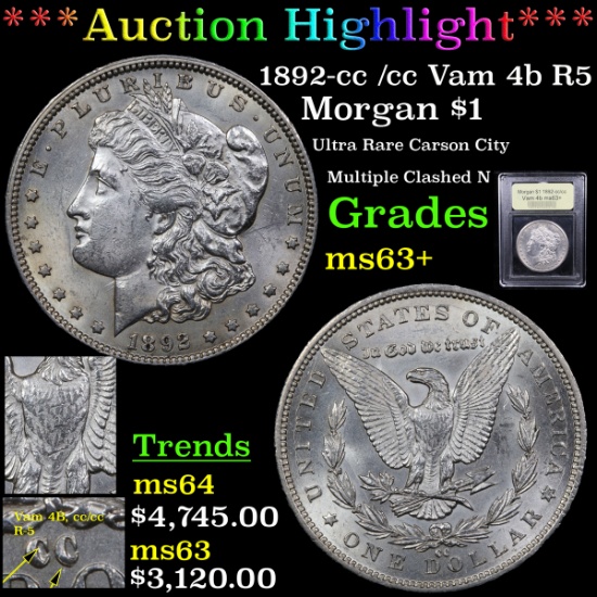 ***Auction Highlight*** 1892-cc /cc Vam 4b R5 Morgan Dollar $1 Graded Select+ Unc BY uSCG (fc)