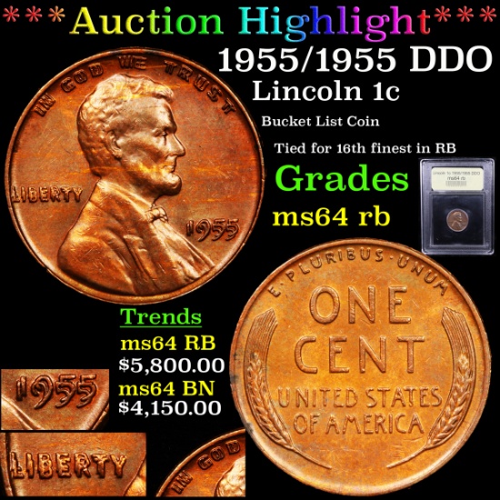 ***Auction Highlight*** 1955/1955 DDO Lincoln Cent 1c Graded Choice Unc RB BY uSCG (fc)