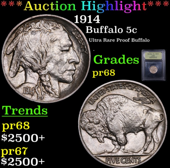 Proof ***Auction Highlight*** 1914 Buffalo Nickel 5c Graded GEM++ Proof By USCG (fc)