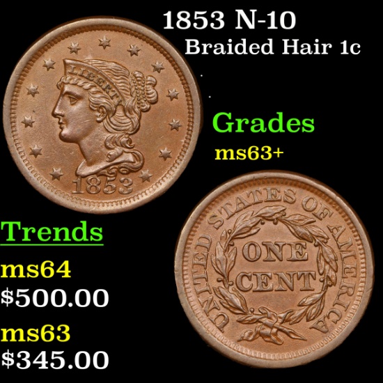 1853 N-10 Braided Hair Large Cent 1c Grades Select+ Unc