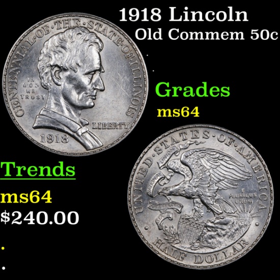 1918 Lincoln Old Commem Half Dollar 50c Grades Choice Unc