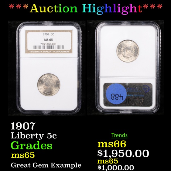 ***Auction Highlight*** NGC 1907 Liberty Nickel 5c Graded ms65 By NGC (fc)