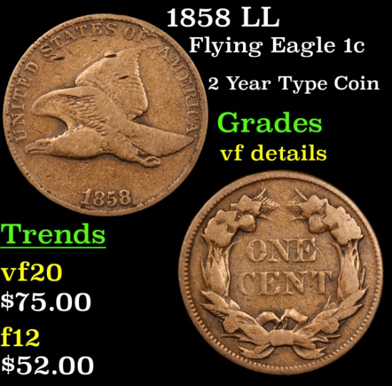 1858 LL Flying Eagle Cent 1c Grades vf details