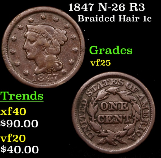 1847 N-26 R3 Braided Hair Large Cent 1c Grades vf+
