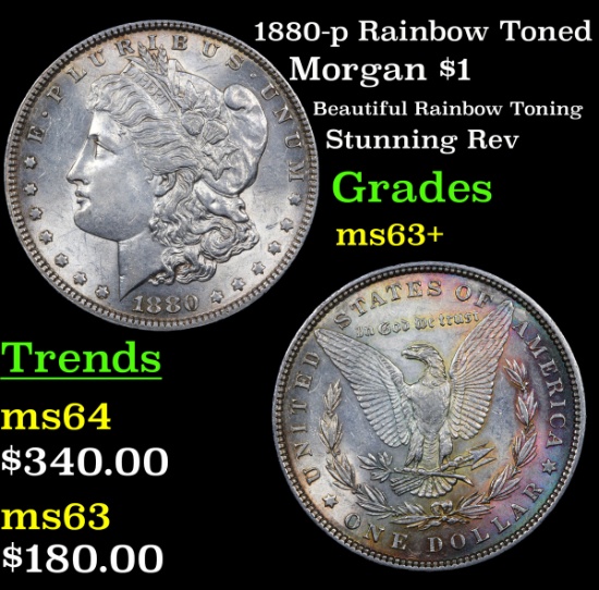 1880-p Rainbow Toned Morgan Dollar $1 Grades Select+ Unc
