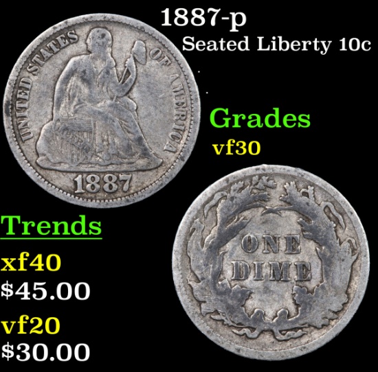1887-p Seated Liberty Dime 10c Grades vf++
