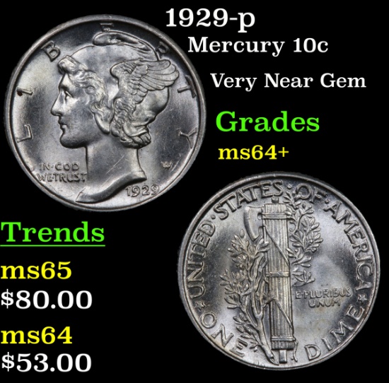 1929-p Mercury Dime 10c Grades Choice+ Unc
