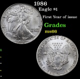 1986 Silver Eagle Dollar $1 Grades GEM+ Unc