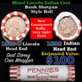 Mixed small cents 1c orig shotgun roll, 1925-d Wheat Cent, 1898 Indian Cent other end, N.F. String &