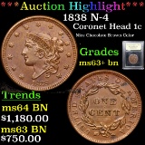 ***Auction Highlight*** 1838 N-4 Coronet Head Large Cent 1c Graded Select+ Unc BN BY USCG (fc)