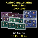 Group of 10 United States Mint Proof Sets 1990-1999 54 coins