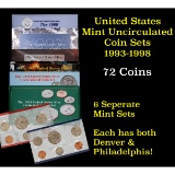 Group of 6 United States Mint Sets in Original Government Packaging 1993-1998 61 coins Grades