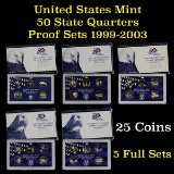 Group of 5 United States Mint 50 State Quarters Proof Sets 1999-2003 25 coins