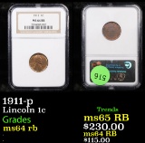 NGC 1911-p Lincoln Cent 1c Graded ms64 rb By NGC