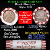 Mixed small cents 1c orig shotgun roll, 1917-d Wheat Cent, 1858 Indian Cent other end, N.F. String &