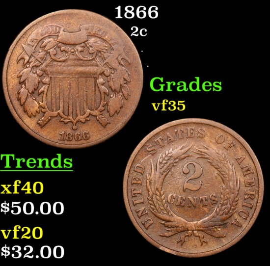 1866 Two Cent Piece 2c Grades vf++