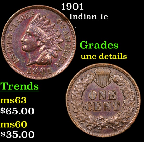 1901 Indian Cent 1c Grades Unc Details