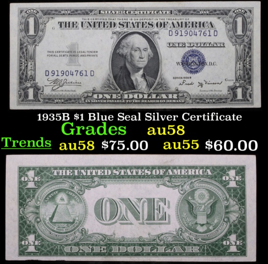 1935B $1 Blue Seal Silver Certificate Grades Choice AU/BU Slider