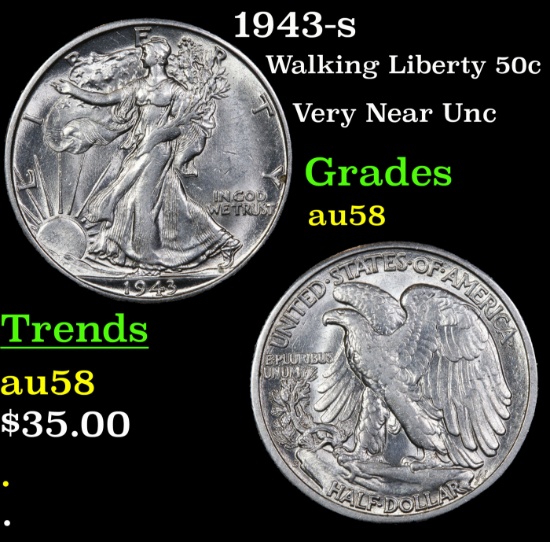 1943-s Walking Liberty Half Dollar 50c Grades Choice AU/BU Slider