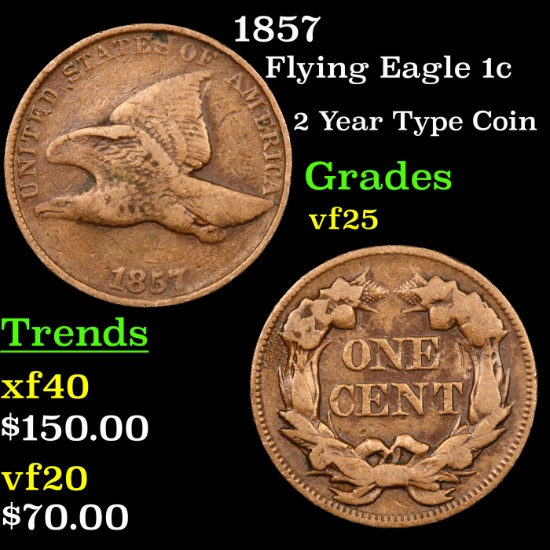 1857 Flying Eagle Cent 1c Grades vf+