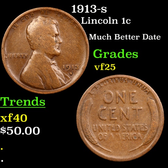 1913-s Lincoln Cent 1c Grades vf+