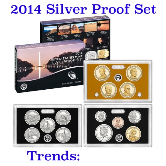 2014 United States Mint Silver Proof Set - 14 pc set, about 1 1/2 ounces of pure silver Grades
