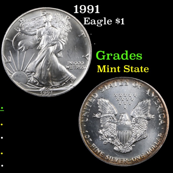 1991 Silver Eagle Dollar $1 Grades Mint State