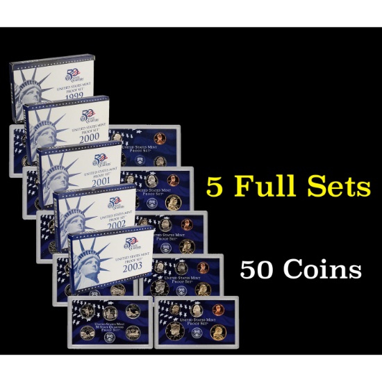 Group of 5 United States Mint Proof Set 1999-2003 49 coins Grades