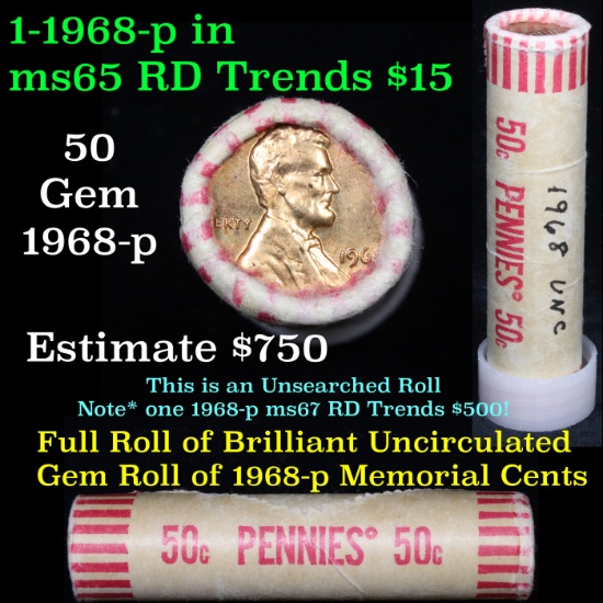 ***Auction Highlight***  Full 1c Unc orig shotgun roll, 1968-p Lincoln Cents Grades (fc)
