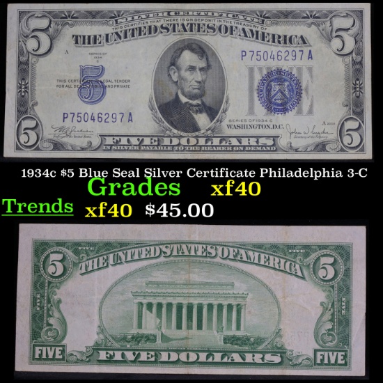 1934c $5 Blue Seal Federal Reserve Note, Philadelphia 3-C Grades