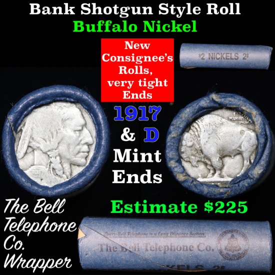 Buffalo Nickel Shotgun Roll in Old Bank Style 'Bell Telephone'  Wrapper 1917 & d Mint Ends
