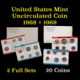 1968 & 1969 United States Mint Uncirculated Coin Sets In Original Government Packaging 20 coins Grad