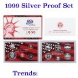 1999 United States Silver Proof Set  about 1 1/2 ounces of pure silver KEY TO THE SERIES!! Grades