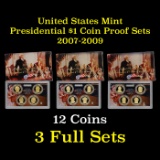 Group of 3 United States Mint Presidential $1 coin Proof Sets 2007-2009 12 coins Grades