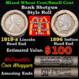 Mixed small cents 1c orig shotgun roll, 1919-s Wheat Cent, 1896 Indian Cent other end, McDonalds Wra