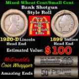 Mixed small cents 1c orig shotgun roll, 1920-d Wheat Cent, 1899 Indian Cent other end, McDonalds Wra