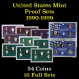 Group of 10 United States Mint Proof Sets 1990-1999 54 coins Grades