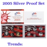 2005 United States Silver Proof Set - 11 pc set, about 1 1/2 ounces of pure silver Grades