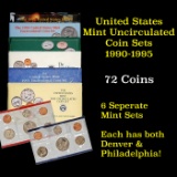 Group of 6 United States Mint Uncirculated Coin Sets In Original Government Packaging 1990-1995 60 c