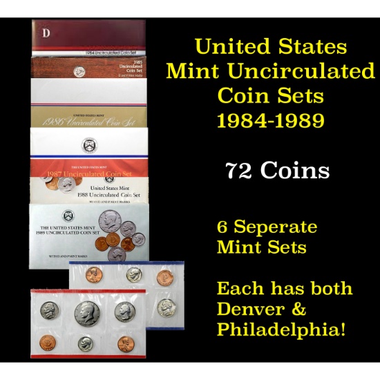 Group of 6 United States Mint Uncurculated Coin Sets In Original Government Packaging 1984-1989 72 c