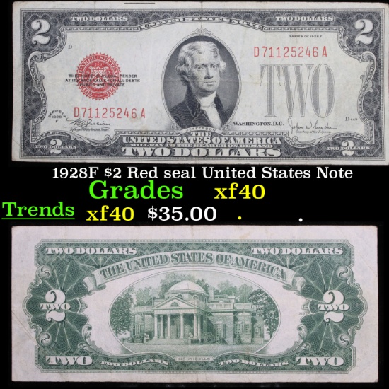 1928F $2 Red seal United States Note Grades xf