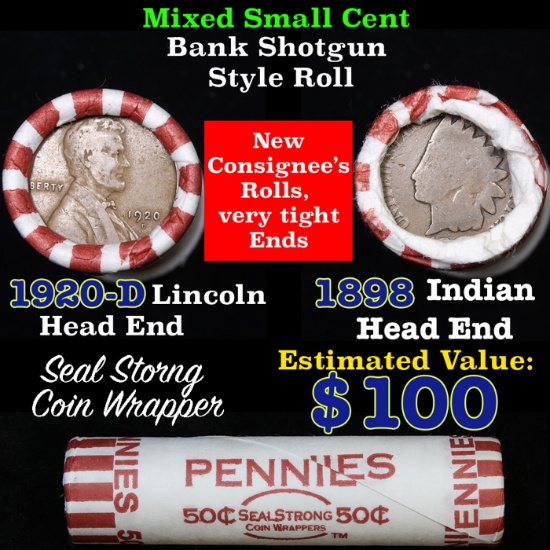 Mixed small cents 1c orig shotgun roll, 1920-d Wheat Cent, 1898 Indian Cent other end, N.F. String &