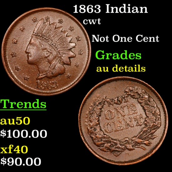 1863 Indian Civil War Token 1c Grades AU Details