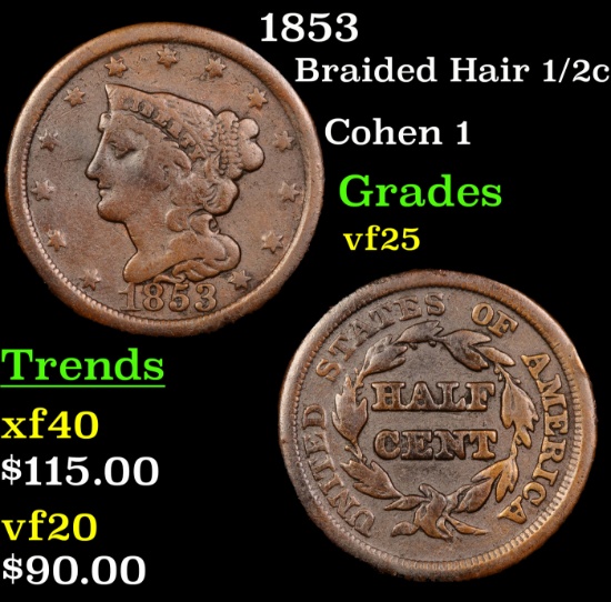 1853 Braided Hair Half Cent 1/2c Grades vf+