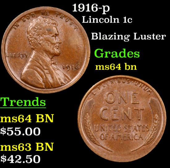 1916-p Lincoln Cent 1c Grades Choice Unc BN