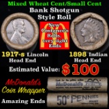 Mixed small cents 1c orig shotgun roll, 1917-s Wheat Cent, 1898 Indian Cent other end, McDnalds Wrap